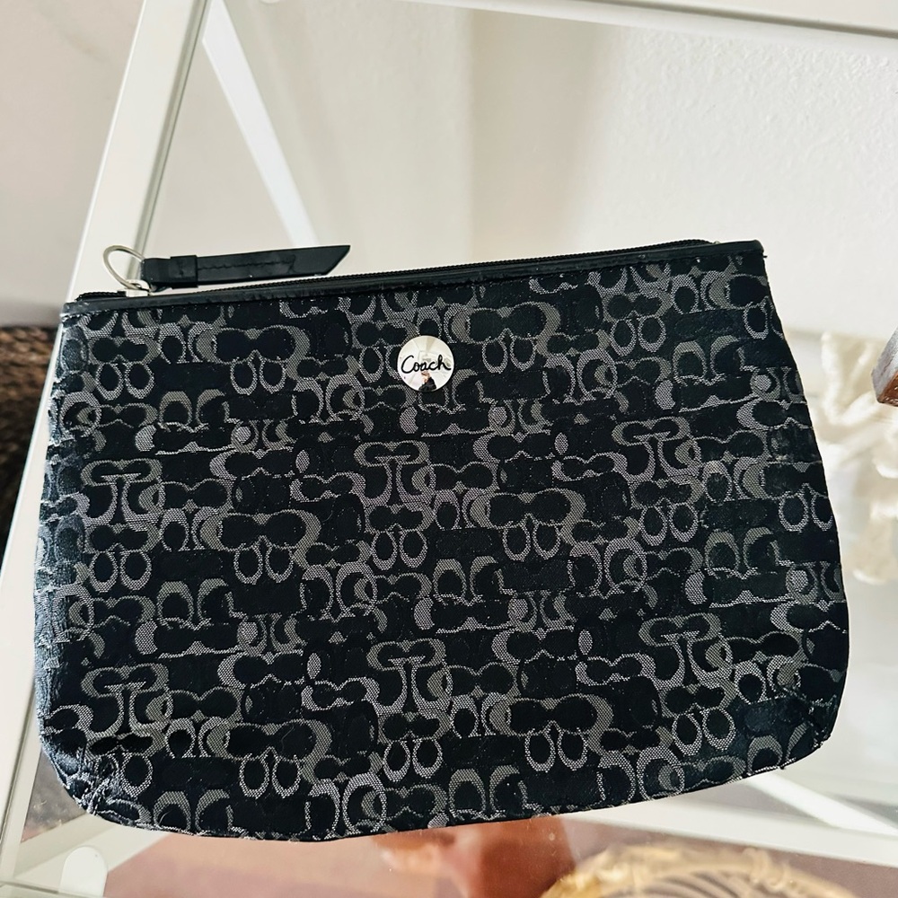 Coach Optic Black Gray Metallic Signature Mini C Makeup Bag or Clutch